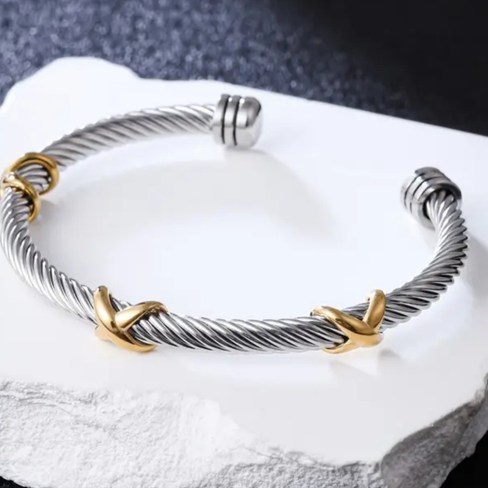 Criss Cross Silver Tone W Gold Accent Bracelet 12$